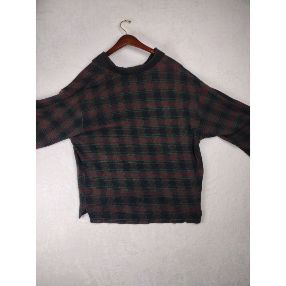 Eddie Bauer Mens XL Green Red Plaid Long Sleeve Pique Cotton‎ Polo Shirt Vintage